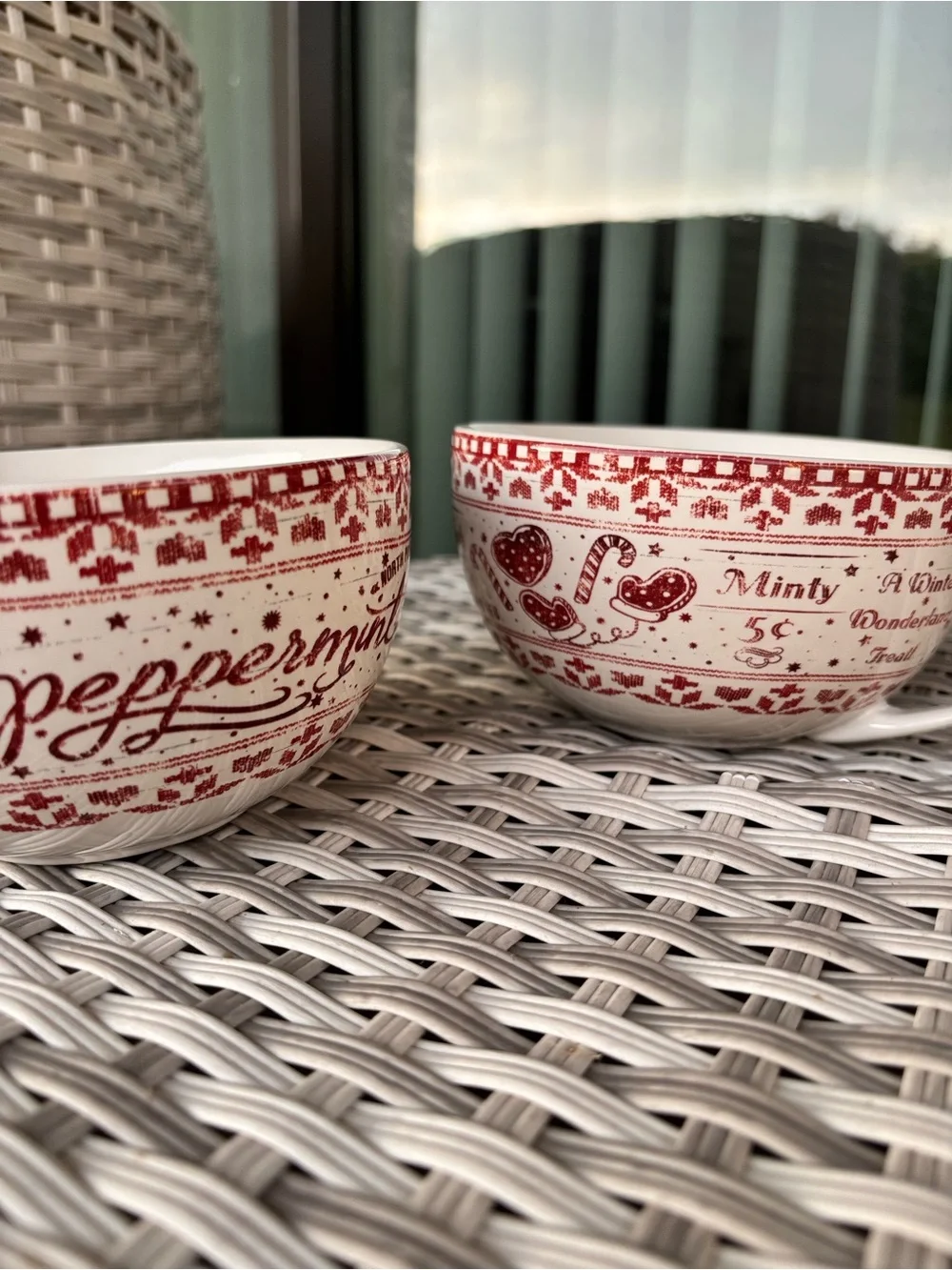 Pier 1 vintage Red and White 'Mrs. Claus' Holiday Ceramic Mugs set of 2